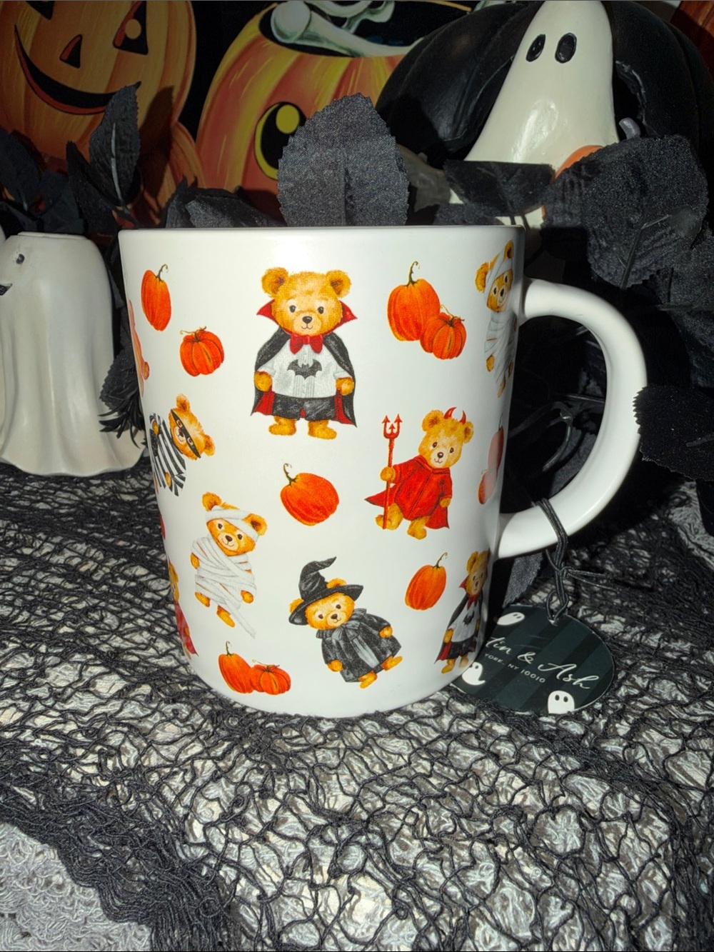 Halloween Bear Costume Mug - White with Orange Pumpkin Print